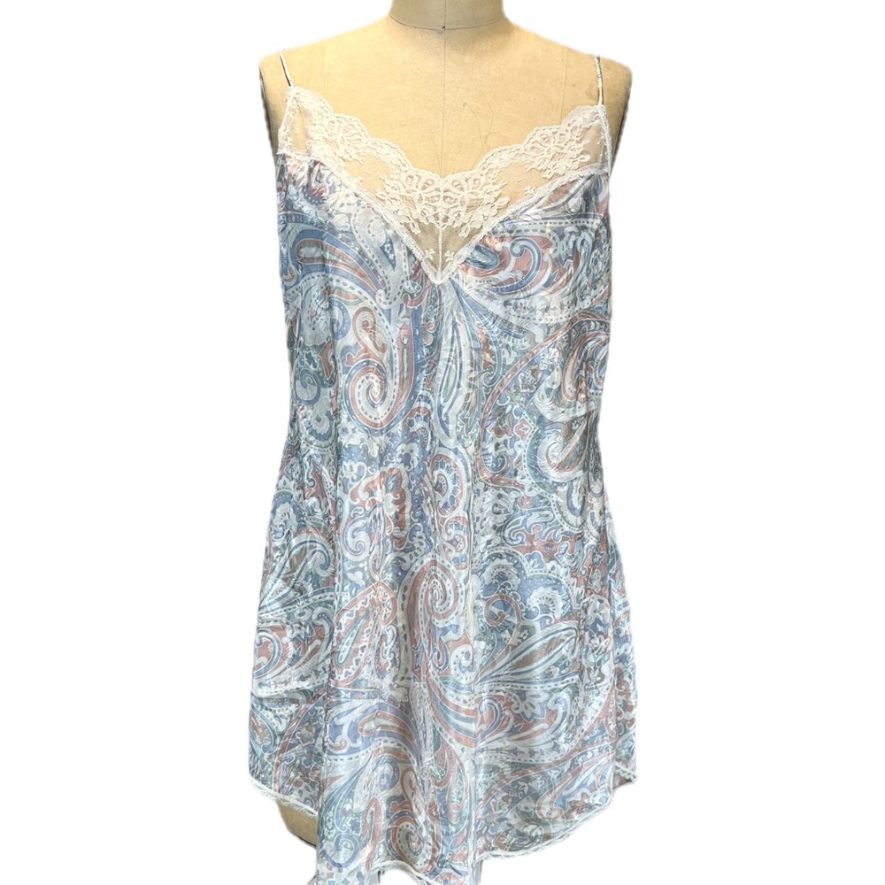 VINTAGE 80s pastel paisley floral silky satin nightgown mini midi lace - Picture 3 of 10